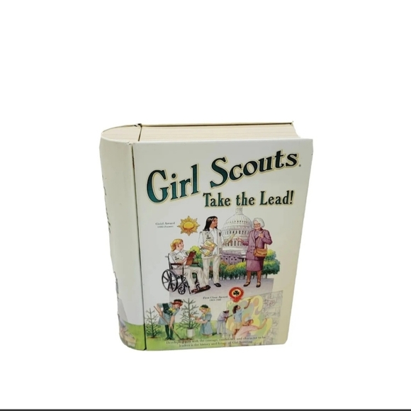 VTG Girl Scouts Take the Lead Advertising Tin Faux Book Box Multipurpose Used - Picture 1 of 9